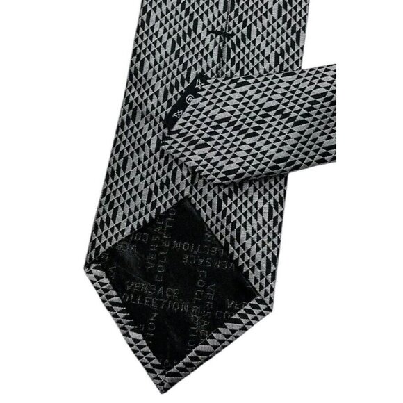 VERSACE COLLECTION Men's Silk Tie LUXURY Black Silver Geometric Logo W:2.8" EUC - Picture 3 of 4